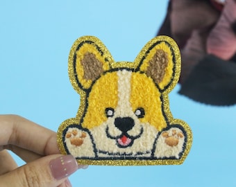 chenille puppy patch, dog patch, corgi patch, iron on patch, embroidered patch, applique, iron on clothing labels,