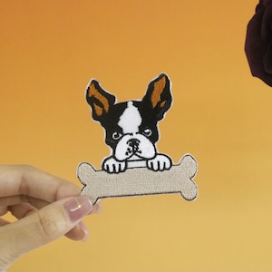 Boston terrier patch, dog with bone patch, iron on patch, embroidered patch, applique, iron on clothing labels,