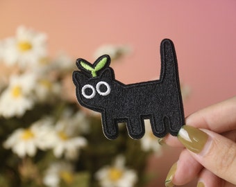 black cat patch, grass on the cat's head, iron on patch, embroidered patch, applique, iron on clothing labels,