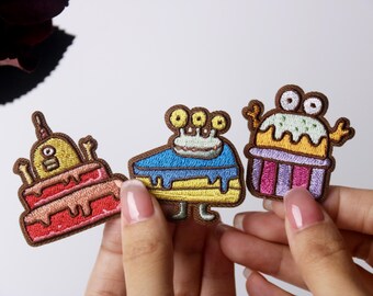 a set of 3 monster cake patches, monster cupcake patch, comic, for kid, iron on patch, embroidered patch, applique, iron on clothing labels,