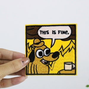 this is fine patch, Burning house fire dog patch, iron on patch, embroidered patch, applique, iron on clothing labels,