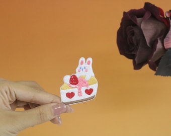 strawberry cake and cute bunny patch, rabbit, iron on patch, embroidered patch, applique, iron on clothing labels,