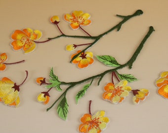 gorgeous yellow cherry blossom patch, flower, iron on patch, embroidered patch, applique, iron on clothing labels,