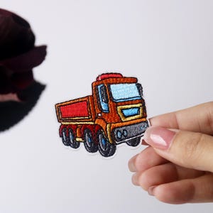 dump truck patch, vehicle patch, iron on patch, embroidered patch, applique, iron on clothing labels,