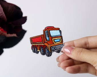 dump truck patch, vehicle patch, iron on patch, embroidered patch, applique, iron on clothing labels,