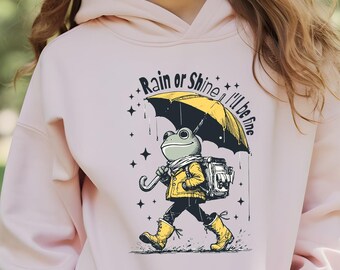 Rain Or Shine I'll Be Fine Shirt, Retro Cartoon Frog Sweatshirt, Vintage Style Toad Tee, Cute Animal Rain Design Tee, Frog Lover Gift