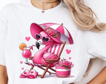 Pink Flamingo Summer Shirt, Cute Beach Flamingo Graphic Tee, Funny Relax Flamingo Drinking Shirt for Her, Tropical Vacation Shirt for Women