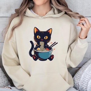 Noodle Cat Hoodie, Ramen Cat Hoodie, Foodie Lover Hoodie, Black Cat Noodle Hoodie, Retro Cat Hoodie, Cat Lover Hoodie, Black Cat Hoodie