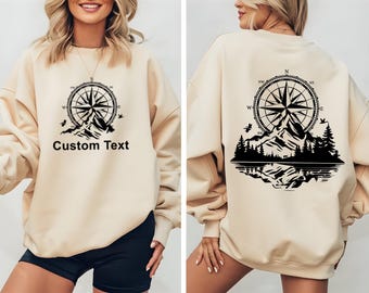 Compass Sweatshirt, Mountain Silhouette Sweatshirt, Custom Compass Shirt, Outdoors Nature Campers Sweater, Tent Forest Camper Nature Lovers