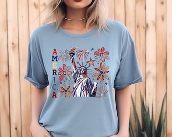 Comfort Colors® Retro 4th July Statue of Liberty Shirt, America USA Tees, America 4th July, 4th Of July, USA Flag, American Girl Shirt