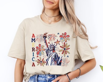 Retro 4th July Statue of Liberty Shirt, America USA Tees, America 4th July, 4th Of July, USA Flag, American Girl Shirt, America Flag Flower