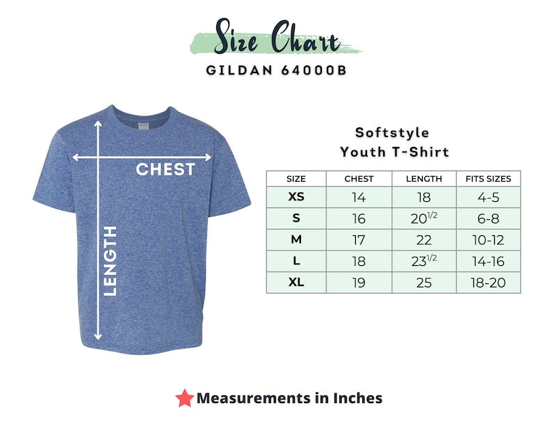 May include: Size chart for Gildan 64000B Softstyle Youth T-Shirt. The chart shows sizes XS through XL with corresponding chest and length measurements in inches, as well as the age range each size fits.