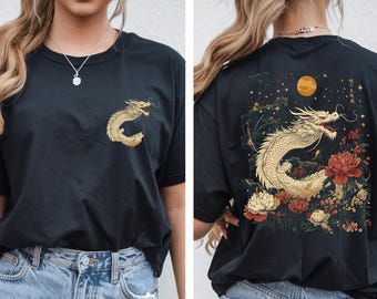 Japanese Dragon Shirt, Japanese White Dragon Floral Shirt, Japanese Streetwear Shirt, Dragon Gift, Chinese Dragon Tee, Unisex Asian Inspired