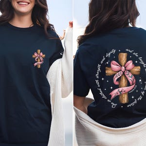 Comfort Colors She Is Bible Verse Shirt, Proverbs 31:25 Shirt, Christian Cross  Gifts Shirt, Coquette Bow Cross Shirt, Faith Coquette Shirt