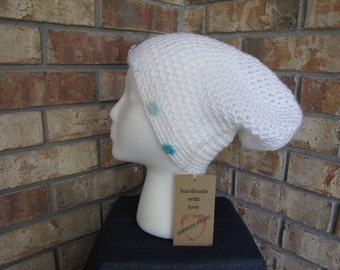 Slouchy Beanie Hat - Winter White with Snowflakes