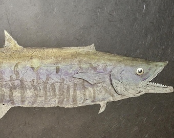 Original Kingfish Gyotaku – Iridescent Metallic Fish Print on Black Mulberry Paper – One-of-a-Kind Signed Ocean Wall Art