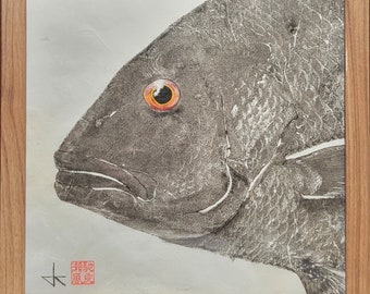 Original Red Snapper Gyotaku Portrait – One-of-a-Kind Fish Print on Mulberry Paper – Hand Signed Art 12"x12"