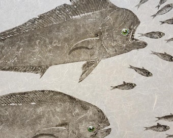 Original Attacking Mahi-Mahi Gyotaku – Acrylic on Thai Mulberry Paper | Hand Signed and Stamped - 24x36"