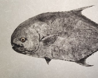 Permit Gyotaku Reproduction – Limited Edition Fish Art Print - Hand Signed & Numbered Giclée – Yellow Variation Available