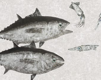 Blackfin Tuna & Arrow Squid Gyotaku – Limited Edition Giclée on Archival Paper | Hand Signed and Stamped
