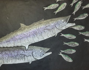 Original Kingfish Gyotaku – Iridescent Metallic Fish Print on Black Thai Mulberry Paper – One-of-a-Kind Signed Ocean Art