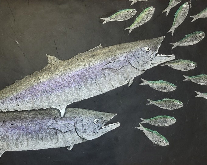 Featured listing image: Original Kingfish Gyotaku – Iridescent Metallic Fish Print on Black Thai Mulberry Paper – One-of-a-Kind Signed Ocean Art