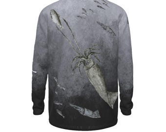 Squid Attack Fishing Shirt – UPF 50+ Long Sleeve Performance Shirt | Gyotaku Arrow Squid Art | Quick Dry | Inkfish Apparel