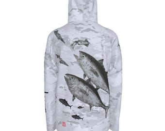 Tuna Blitz Hoodie – UPF 50+ Performance Fishing Shirt with Tuna & Squid Graphic | Gyotaku Tuna Art | Quick Dry Long Sleeve | Multiple Colors