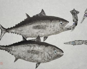 Blackfin Tuna & Arrow Squid Gyotaku – Original Fish Art on Thai Mulberry Paper 24"x36"