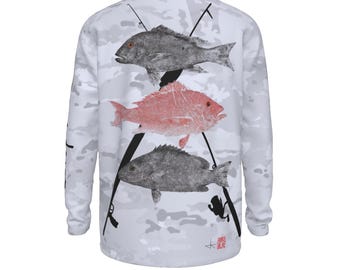 Snapper Slam Fishing Shirt – UPF 50+ Long Sleeve Gyotaku Snapper Art Shirt in Grey Camo or Watercolor | Spearfishing Performance Gear