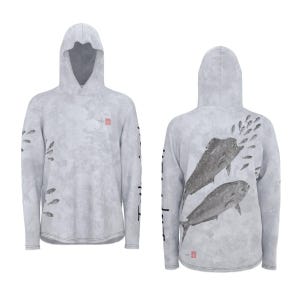 May include: A gray long-sleeve hooded sweatshirt with a graphic print of two fish on the back. The fish are swimming upwards with smaller fish surrounding them. The front of the sweatshirt has a small logo on the left chest.