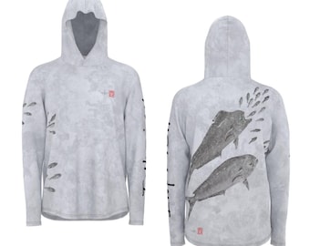 Mahi Attack Shirt UPF 50+ – Performance Fishing Hoodie w/ Dolphin Fish Art | Grey Camo or Watercolor | Quick-Dry Unisex Sun Shirt