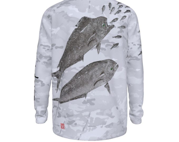 Featured listing image: Mahi Attack Fishing Shirt – UPF 50+ Long Sleeve Dry Fit Shirt with Mahi Graphic | Grey Camo or Watercolor | Offshore & Spearfishing Gear