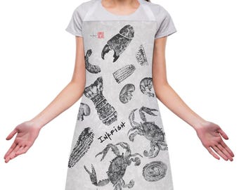 Low Country Boil Apron | Gyotaku Seafood Design Featuring Spiny Lobster, Stone Crab & Blue Crab | Inkfish Coastal Kitchen Wear