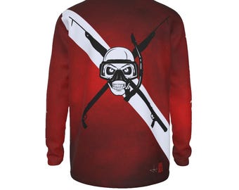 Predator Dive Flag Performance Shirt – UPF 50+ Sun Protection | Spearfishing Art | Quick Drying Unisex Shirt – Deep Red Long Sleeve