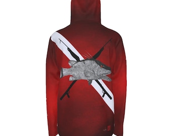 Hogfish Dive Hoodie | UPF 50+ Spearfishing Shirt | Gyotaku Hogfish with Dive Flag & Spearguns | Inkfish Apparel