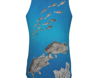 Mens Hunting Hogs Tank Top | Gyotaku Hogfish & Baitfish | Men's Inkfish Ocean Art | Available in Multiple Colors | Coastal Casual Style