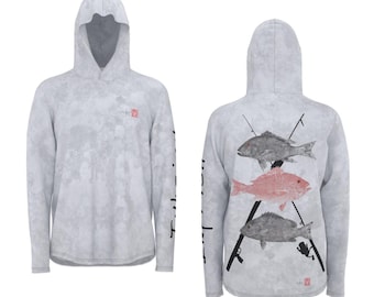Snapper Slam Performance Fishing Shirt – UPF 50+ Sun Protection | Gyotaku Art | Quick Drying Unisex Hoodie – Grey Camo & Watercolor