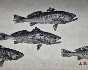 Spotted Seatrout School Gyotaku Original – 18x24 Hand Printed Fish Art | One-of-a-Kind Coastal Artwork | Hand Signed & Stamped