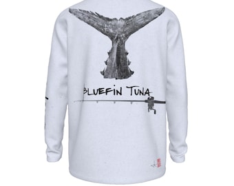 Bluefin Tuna Tail Long Sleeve Shirt – UPF 50+ Performance Fishing Shirt | Gyotaku Print | Inkfish | Saltwater Gear | Quick Dry | Washi White