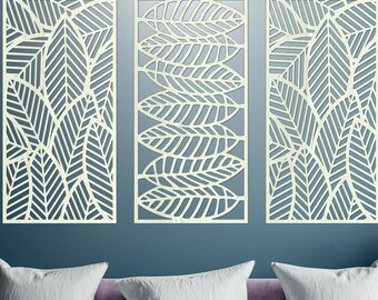 Decoración floral de pared: Hojas de madera de 3 paneles, arte abstracto moderno.
