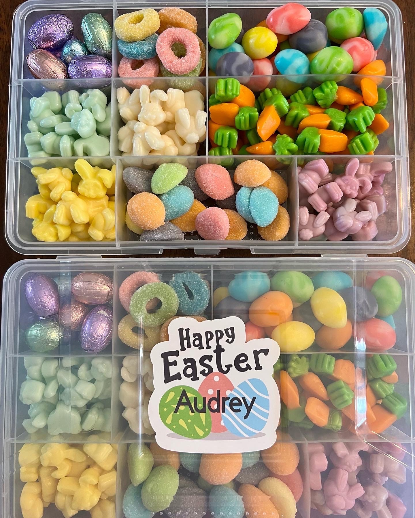 Easter Gummy/candy assortment gift boxes. Can be personalized.