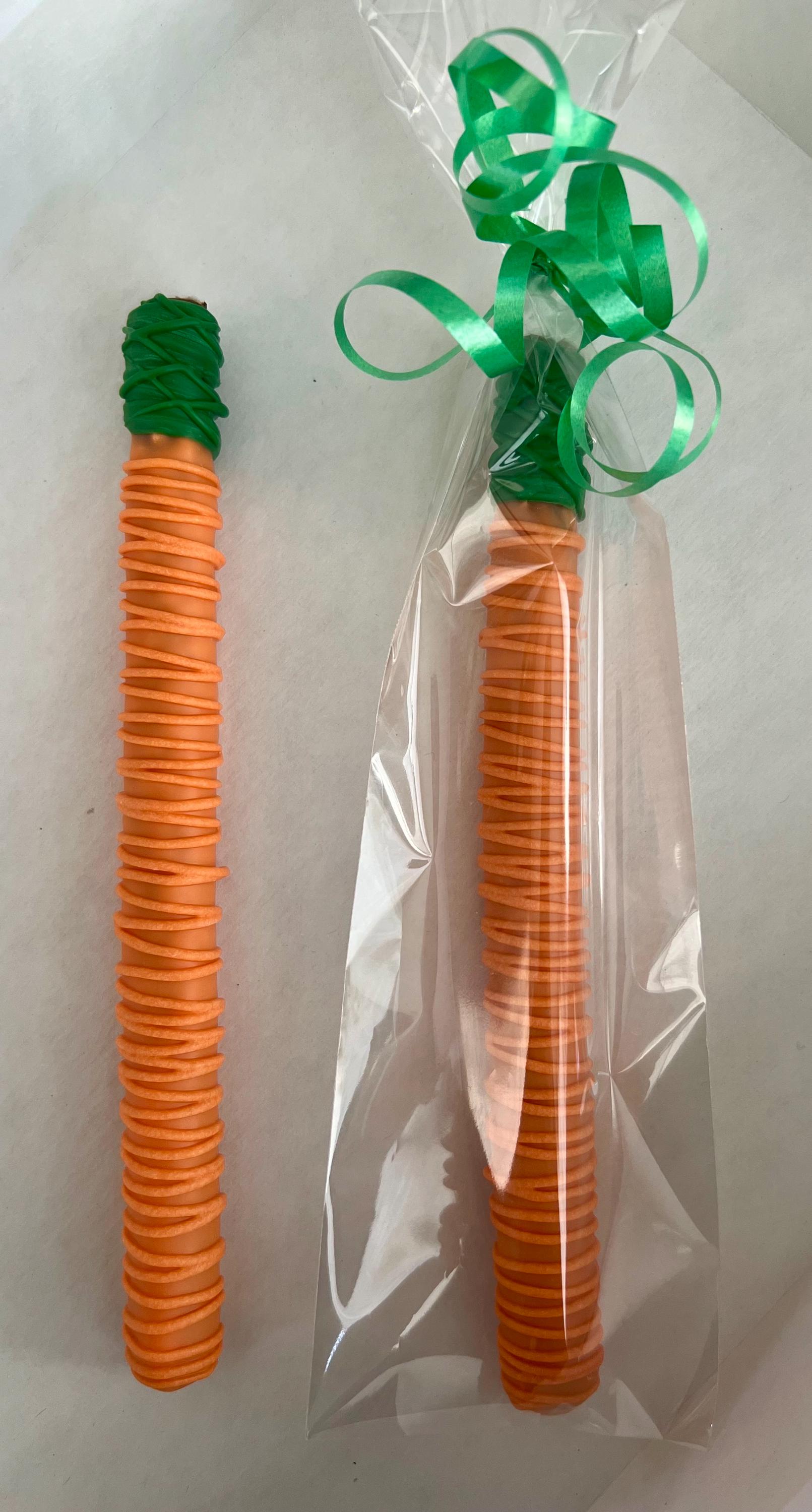 12-Carrot chocolate covered pretzel rods. Great addition to your Easter celebration