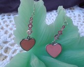 Pink Heart Power  - Dangle Earrings - Rose Quartz, Swarovski Crystals, Enamel Heart