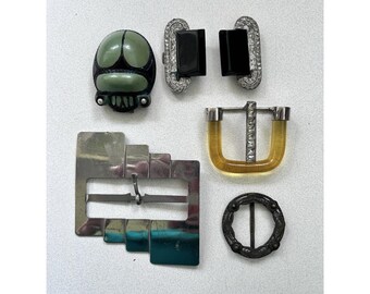 Hebilla de cinturón deslizante Art Deco victoriana, lote de celuloide con escarabajo y diamantes de imitación Lucita