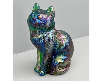 Mosser 3" Sitting Cat Figurine Purple/Green Carnival Glass Vintage Signed "M"