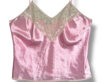 Vintage Pollinaise Pink Satin Lace Camisole Tank Cami Top Made in USA Womens M