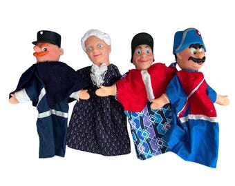 Vintage Hand Puppet Set of 4 Rubber Head Policeman Grandma Storytelling Toys