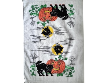 Vintage Halloween Hand Towel Black Cat Pumpkin Witch Fringe Made in USA Retro