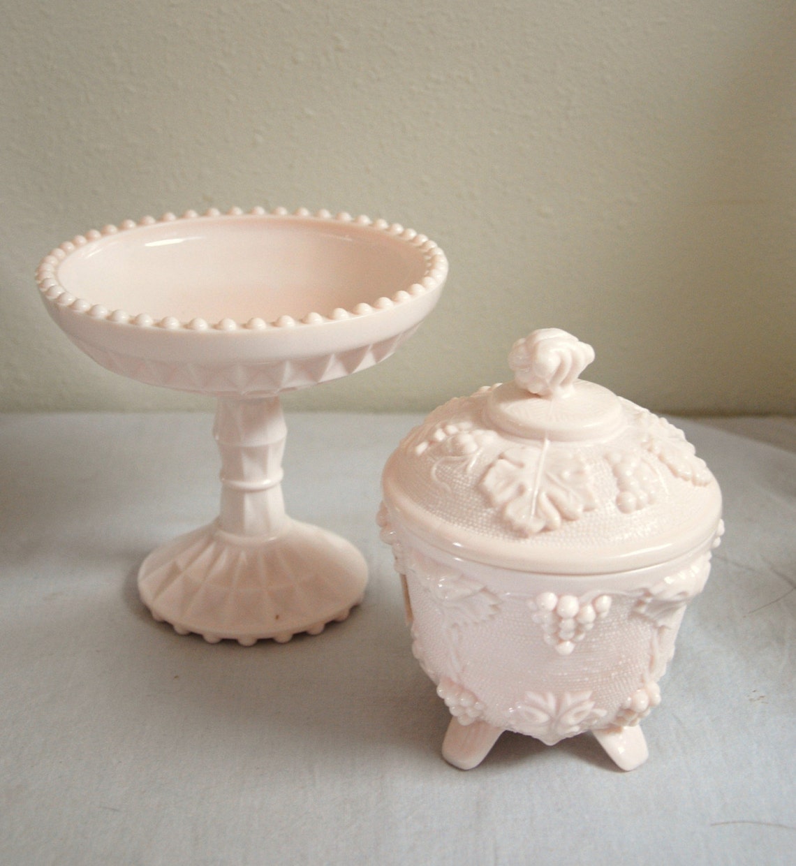 PRETTY IN PINK / Milk Glass COVERED CANDY DISH and COMPOTE Etsy